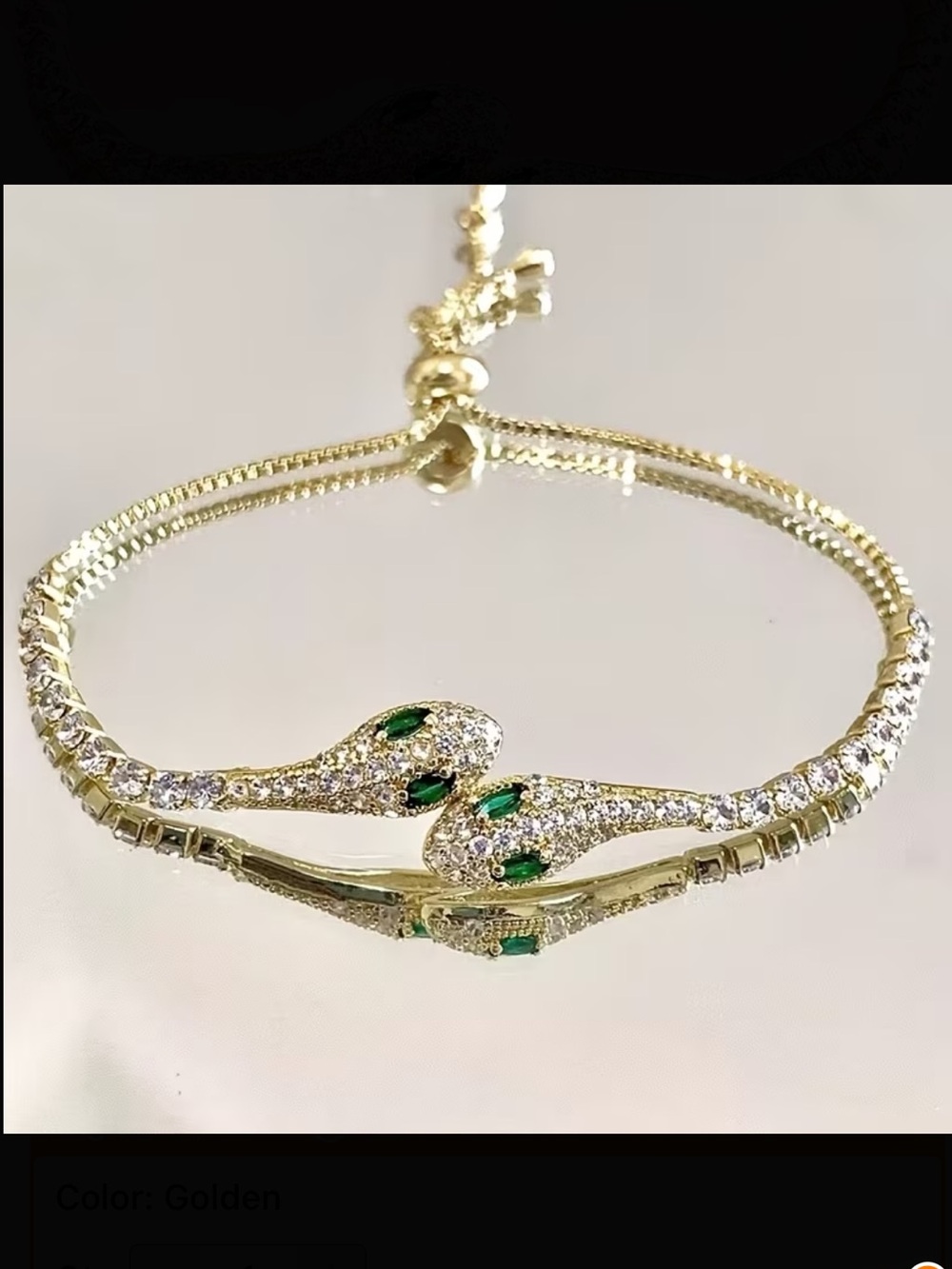 Gold Snake Head Slider Bracelet with Emerald Accents